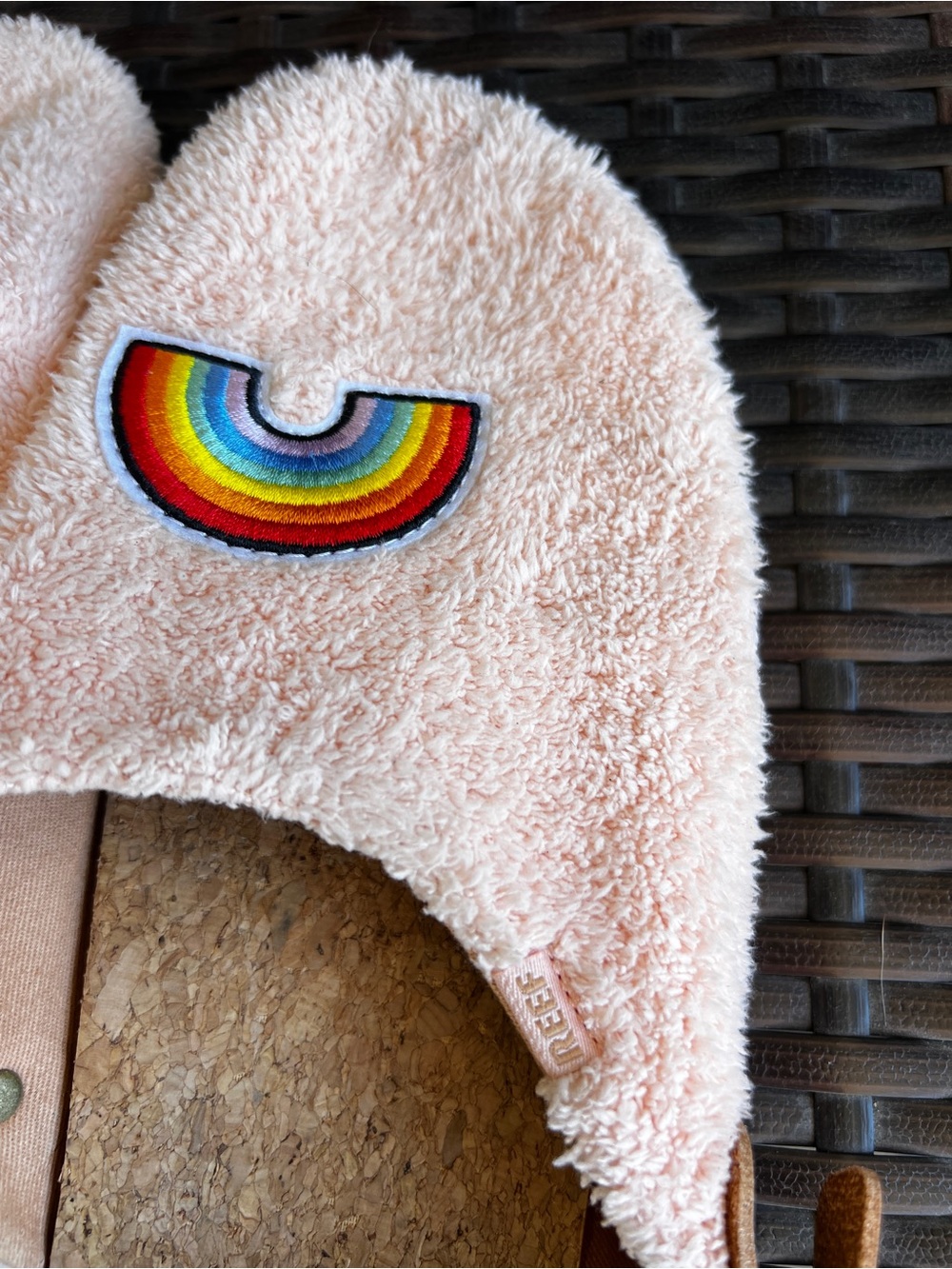 Reef Peach Terry Cloth Slide Sandals with Rainbow & Heart Patches - Picture 2 of 4